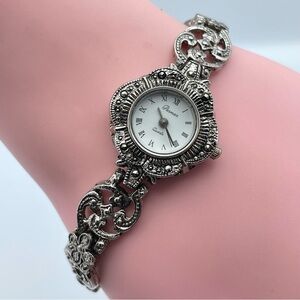 Vintage Parmex Marcasite Quartz Watch Ornate Silver Tone Bracelet – Working!